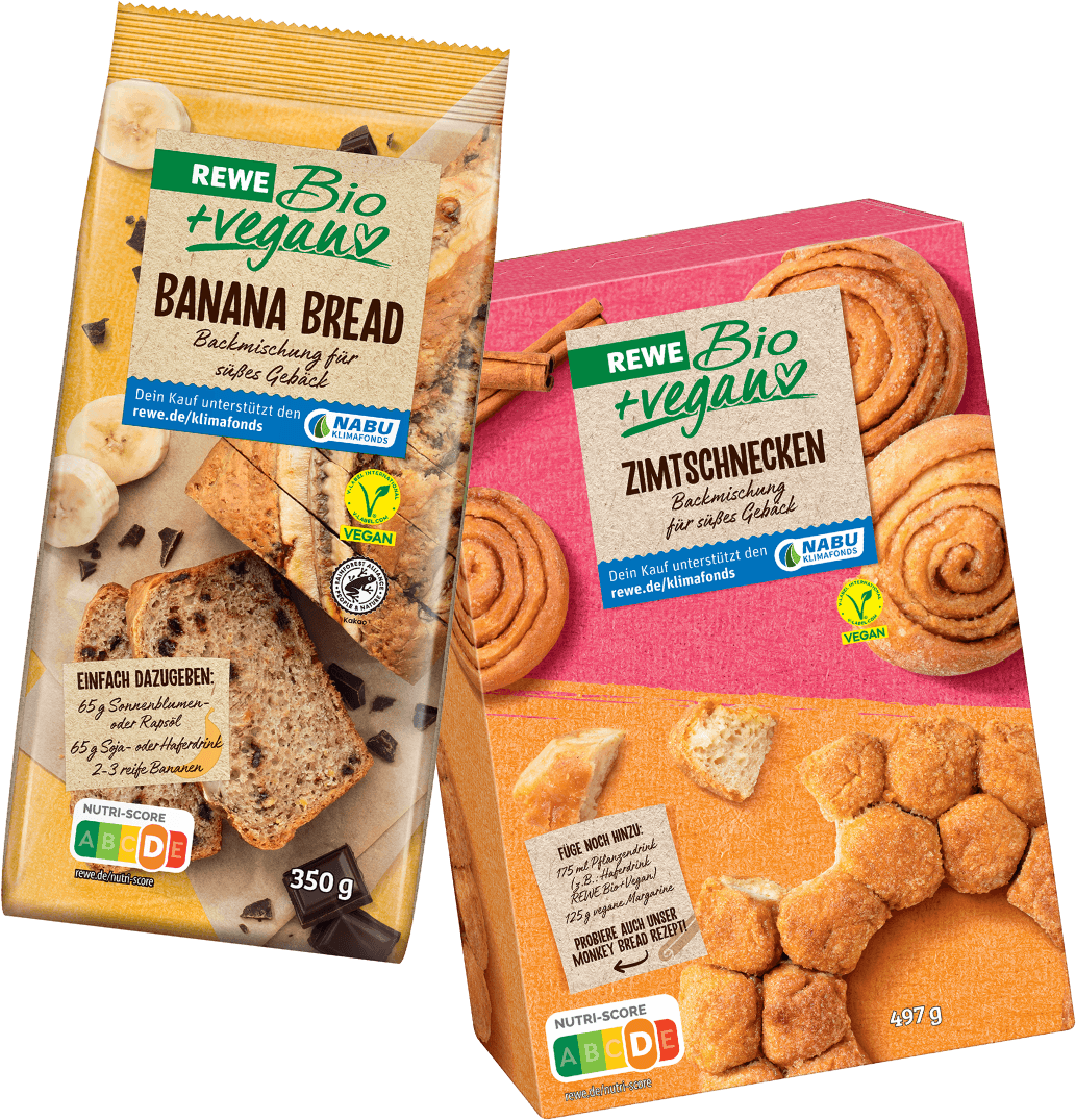REWE bio + vegan Zimtschnecken und Banana Bread Backmischung