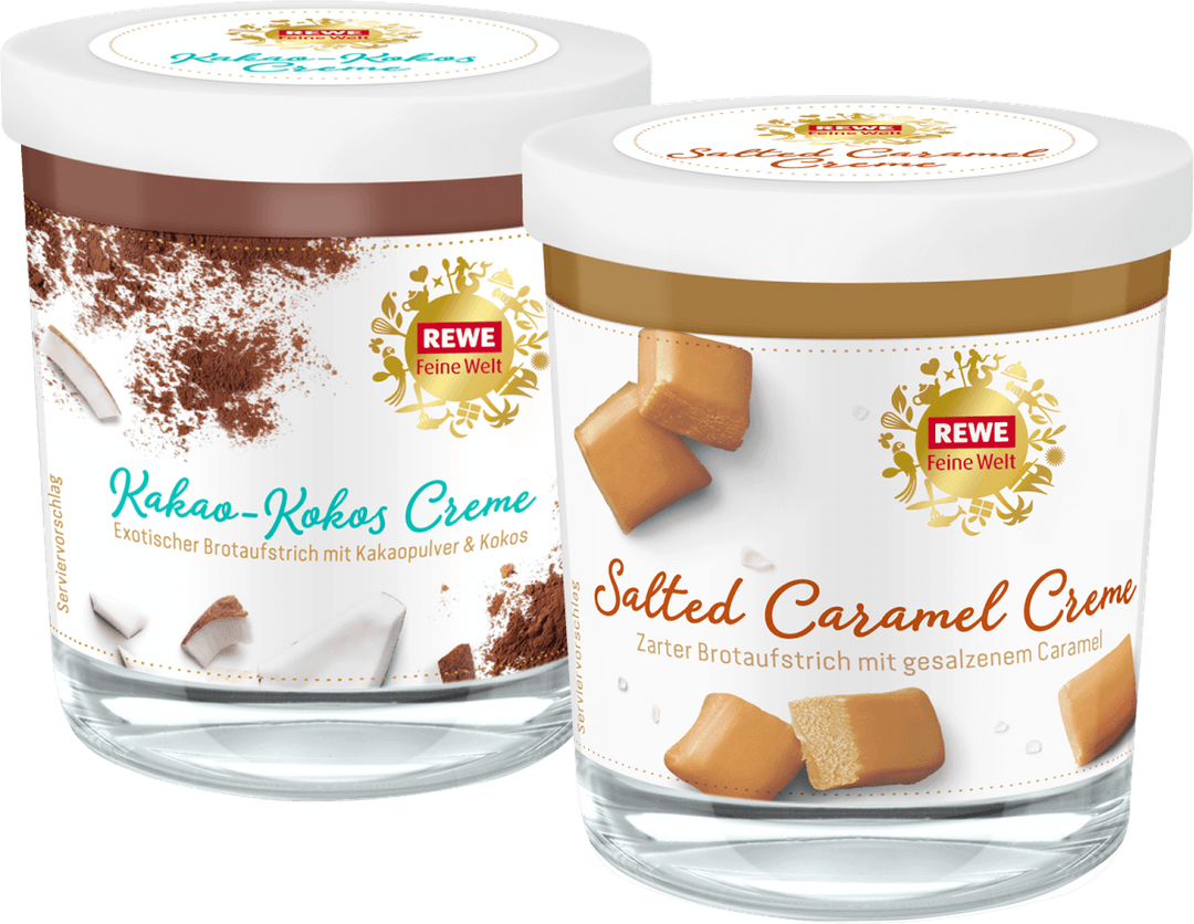 ein Glas (200g) REWE Feine Welt Salted Caramel und Kakao-Kokos Creme