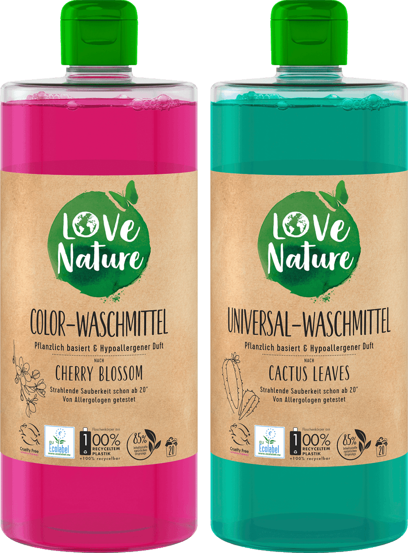 eine Flasche (960ml, 20WL) Love Nature Waschmittel