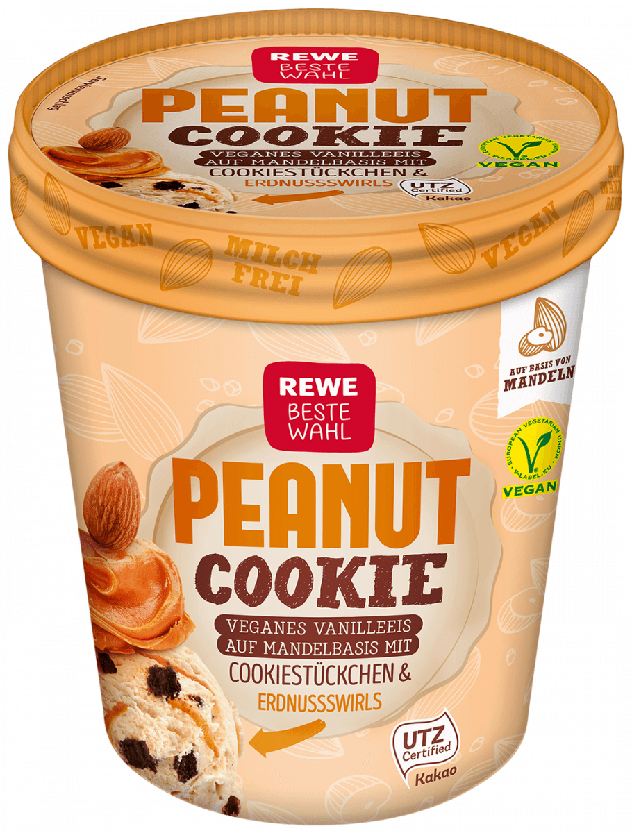 einen Becher REWE Beste Wahl Peanut Cookie Veganes Vanilleeis