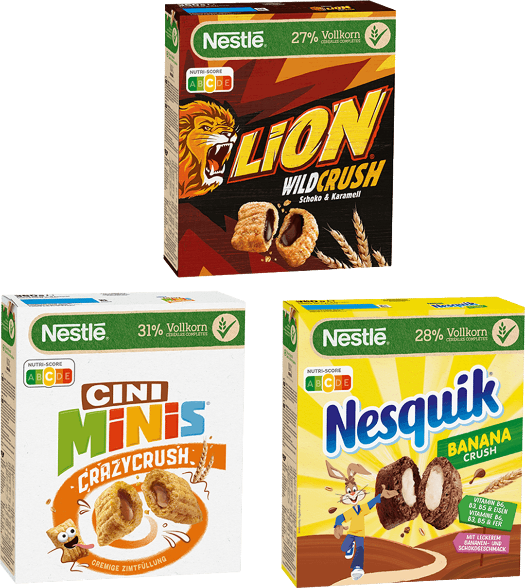 eine Packung (350g/360g) LION Wild Crush, NESQUIK Banana Crush, CINI MINIS Crazy Crush