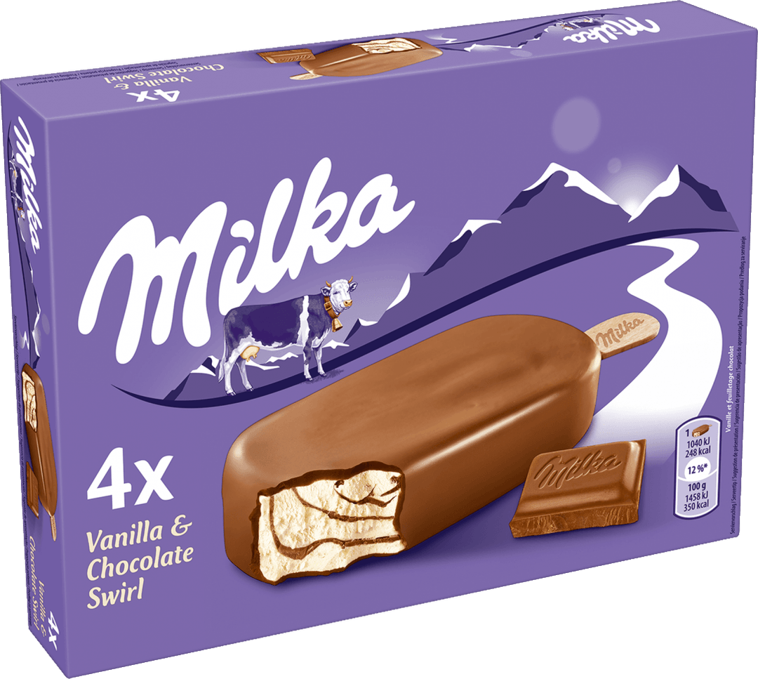 eine Packung (4x100ml) Milka Vanilla & Chocolate Swirl Stieleis