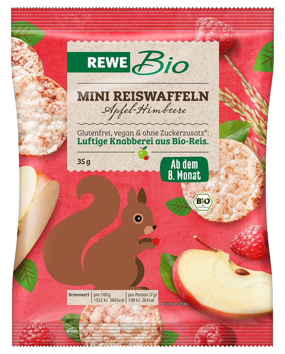 eine Tüte REWE Bio Mini Reiswaffeln Apfel-Himbeere